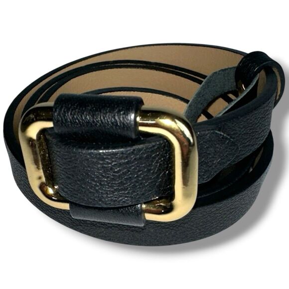 D Exterior Italian Leather Belt Womens Black Skinny Gold Square Slide Buckle main image 9
